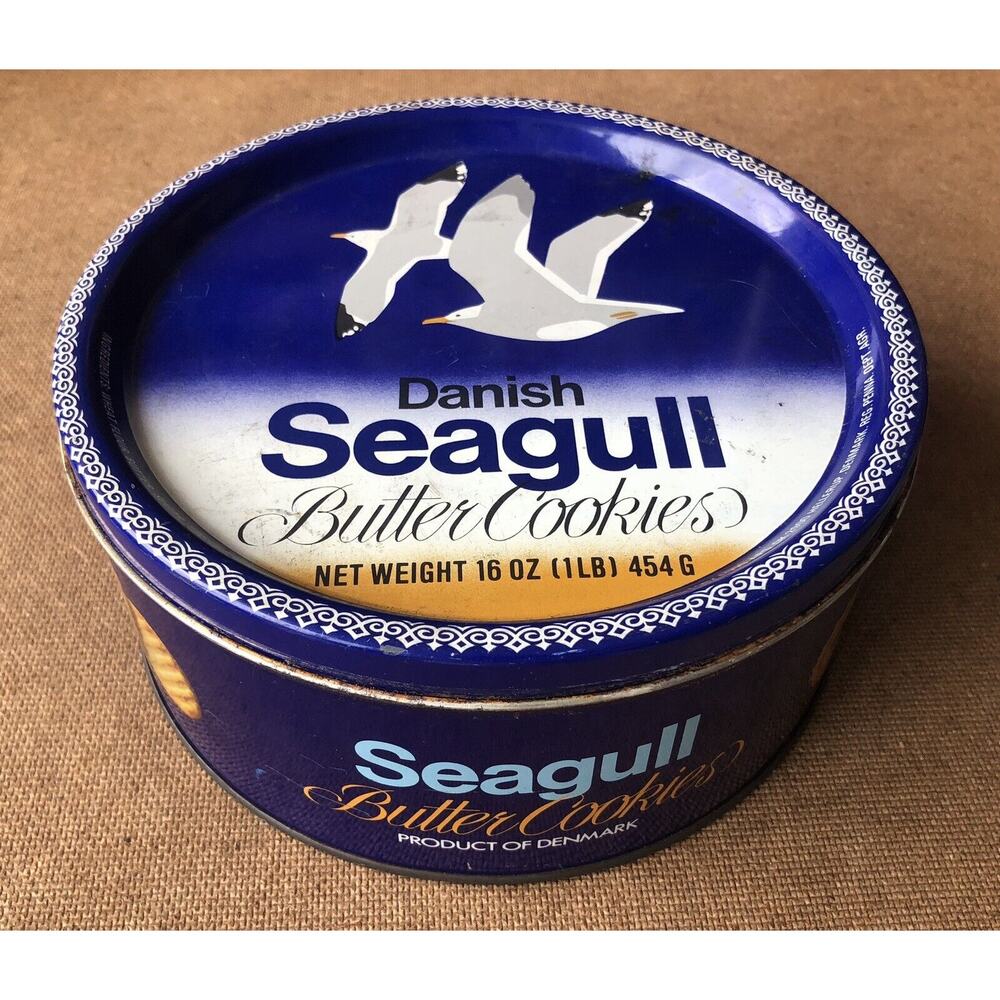 Vintage Seagull Danish Butter Cookie Tin Round Beach House Decor Denmark Rare